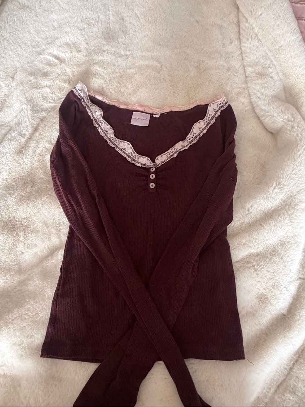 Urban Outfitters Lace-Trim Burgundy Long-Sleeve Top